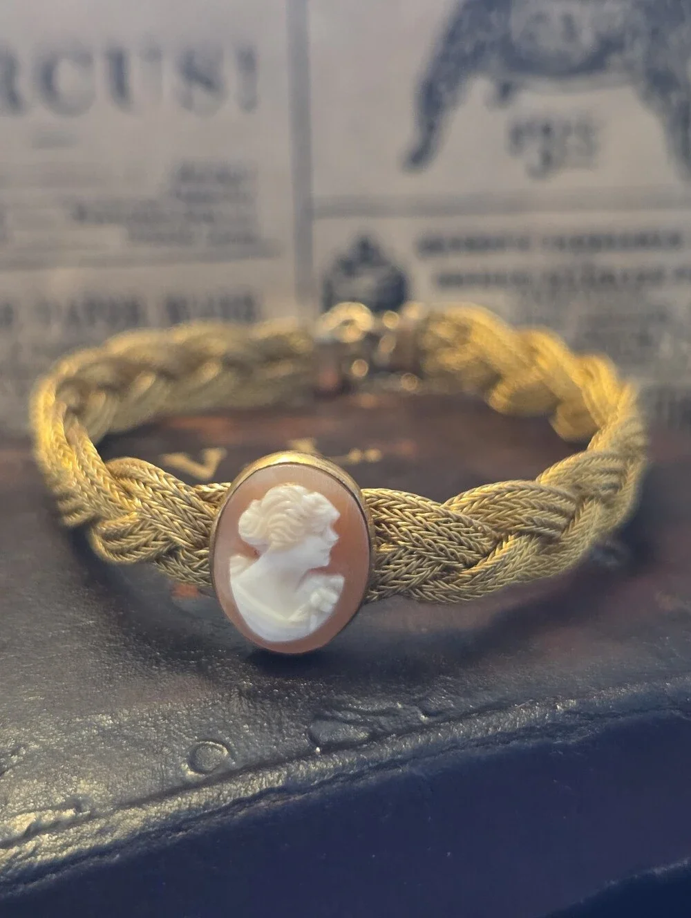 Antique Genuine Carved Cameo Gold Filled Braided Bracelet With Security Chain